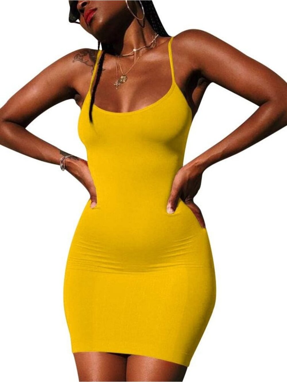 Women's Mini Dress Yellow Scoop Neck Sleeveless Casual Bodycon Summer Comfort - Picture 3 of 4